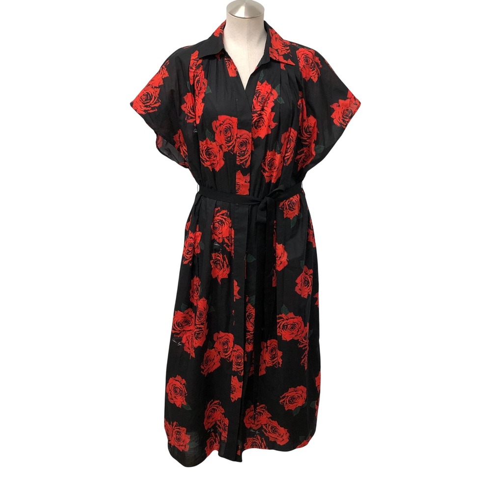 Adam Lippes Shirt Dress Womens Medium M Black Red Rose Floral Cotton Voile NEW